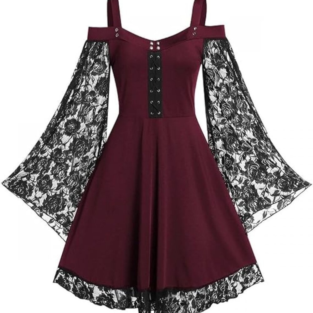 Gothic Black and Burgundy Dress Vintage Lace Goth Punk Rock Renaissance XL‎